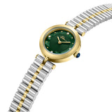 Round gold-toned watch with green textured dial, gold hands, crystal markers, blue crown, and silver/gold-toned link band.