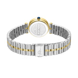 Gold-toned watch back with a blue crown. Two-toned silver and gold-toned link bracelet with a silver-toned clasp engraved 'Po