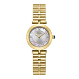 Gold-toned Police women's watch with a round case, multi-link bracelet, white iridescent dial, silver-toned textured centre,