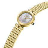 Gold-toned watch with a white mother-of-pearl and silver sunray dial, clear stone markers, blue crown, and gold-toned link br
