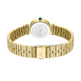 Gold-toned watch with a round case, blue crown stone, and a link bracelet. Silver-toned case back has a Police logo. Engraved