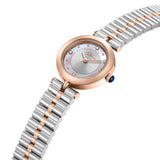 Rose gold-toned watch with a silver-toned sunray dial, mother-of-pearl ring, crystal markers, and a two-toned silver-toned/ro