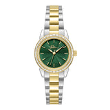 Green dial watch with a two-tone silver-toned and gold-toned metal link bracelet and a gold-toned bezel set with clear stones