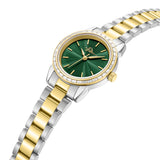 Two-toned watch with gold-toned bezel, clear baguette stones, green textured dial, gold-toned hands, two-toned bracelet.