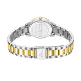 Back view of a two-toned watch. Silver-toned case back, gold-toned crown, and a bracelet with alternating silver-toned and go