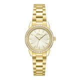 Gold-toned Police women's watch with a round case, baguette-cut clear stones on the bezel, and a textured dial.