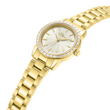 Gold-toned watch with a round case, baguette-cut stone bezel, champagne radial-textured dial, and gold-toned link bracelet.