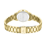 Gold-toned watch with a metal link bracelet. Silver-toned caseback features a sunburst pattern and "POLICE" logo. Clasp has "