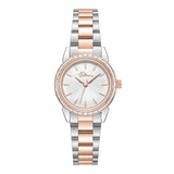 Women's two-tone silver and rose gold-toned watch with a silver textured dial and a bezel embellished with clear stones.