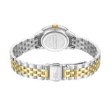 Silver-toned watch with a gold-toned crown. Two-toned silver and gold-toned metal link bracelet. Caseback engraved with 'POLI