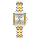 Silver dial square watch with gold-toned crystal-set bezel and two-toned silver and gold-toned metal link bracelet.