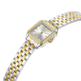 Square silver-toned dial watch with gold-toned crystal-encrusted bezel and two-toned silver and gold-toned link bracelet.
