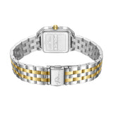 Back of a rectangular silver-toned watch with a gold-toned crown and a two-toned silver- and gold-toned metal link bracelet.