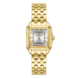 Gold-toned Police women's watch with a square case, silver-toned dial, Roman numerals, and a three-link bracelet.