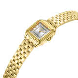 Gold-toned square watch with a silver-toned dial, gold-toned Roman numerals, stick markers, and a gold-toned link bracelet.