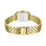 Gold-toned square watch with a link bracelet. Silver-toned stainless steel caseback features a Police logo.