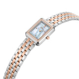 Silver-toned rectangular watch with rose gold-toned crystal bezel, iridescent mother-of-pearl dial, and two-tone link bracele