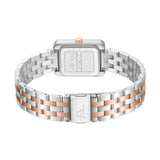 Rectangular silver-toned watch, rose-gold-toned crown. Two-tone metal link bracelet, silver-toned and rose-gold-toned, silver