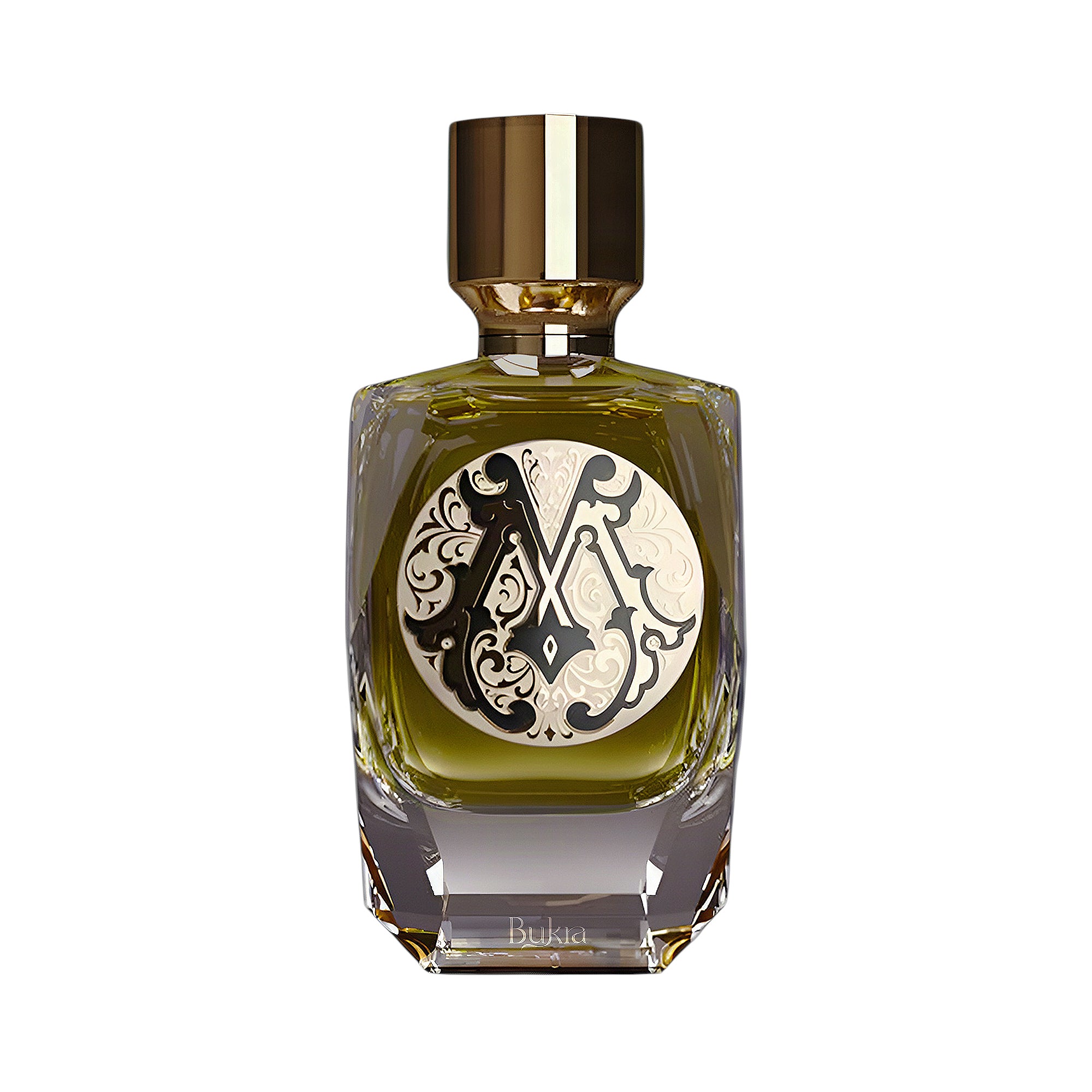 Rectangular glass perfume bottle with olive green liquid, a gold-toned cap, and a circular black and cream ornate monogram.