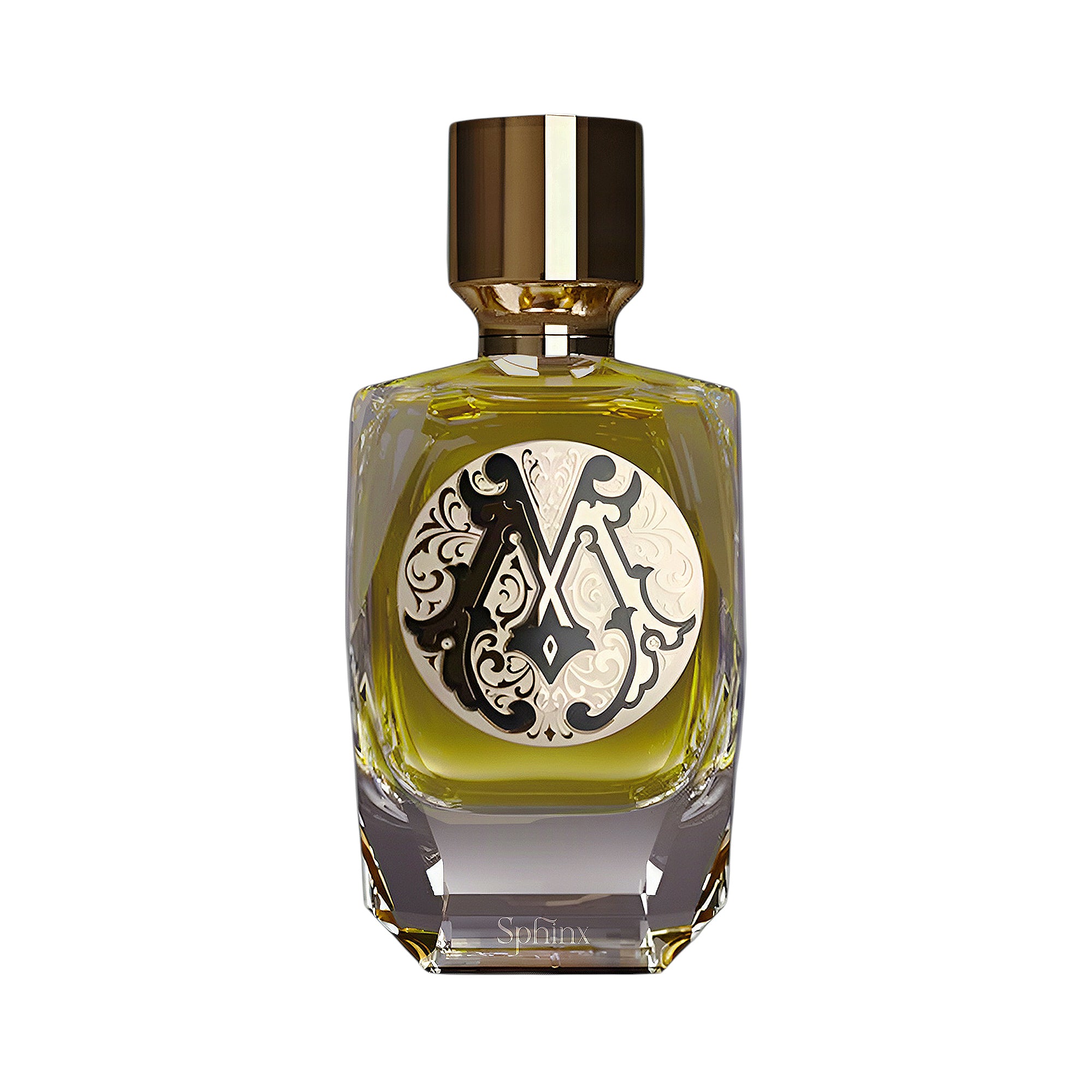 Rectangular faceted glass perfume bottle with yellowish-green liquid, a gold-toned cap, and an ornate black and cream monogra