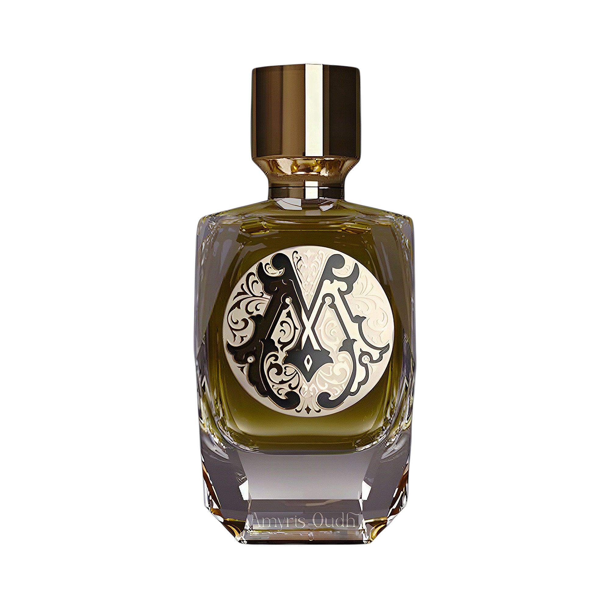Parfum De Mahzen Extrait De Parfum in a clear glass bottle with olive green liquid, ornate black and white label, and gold-to