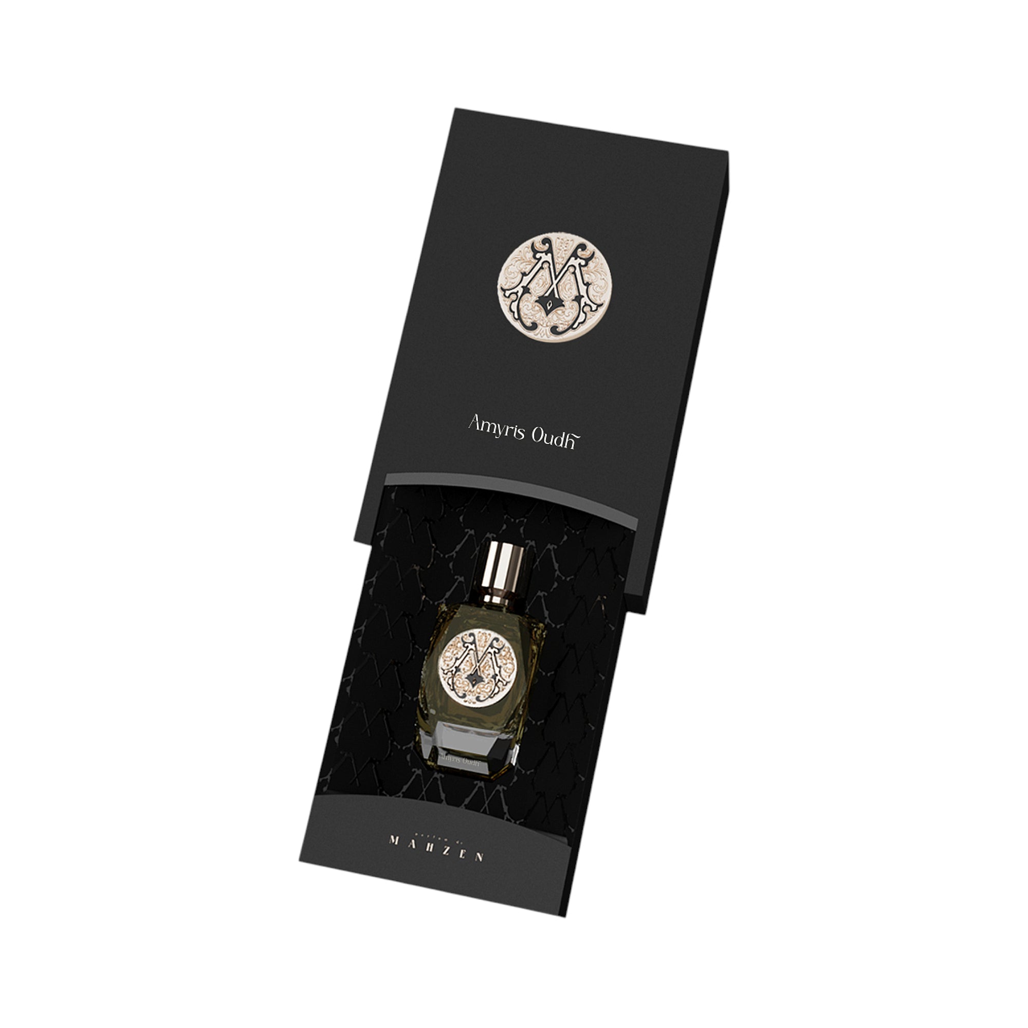 Dark green perfume bottle with a gold-toned cap and ornate 'M' label, nestled in a black textured box with matching 'M' emble