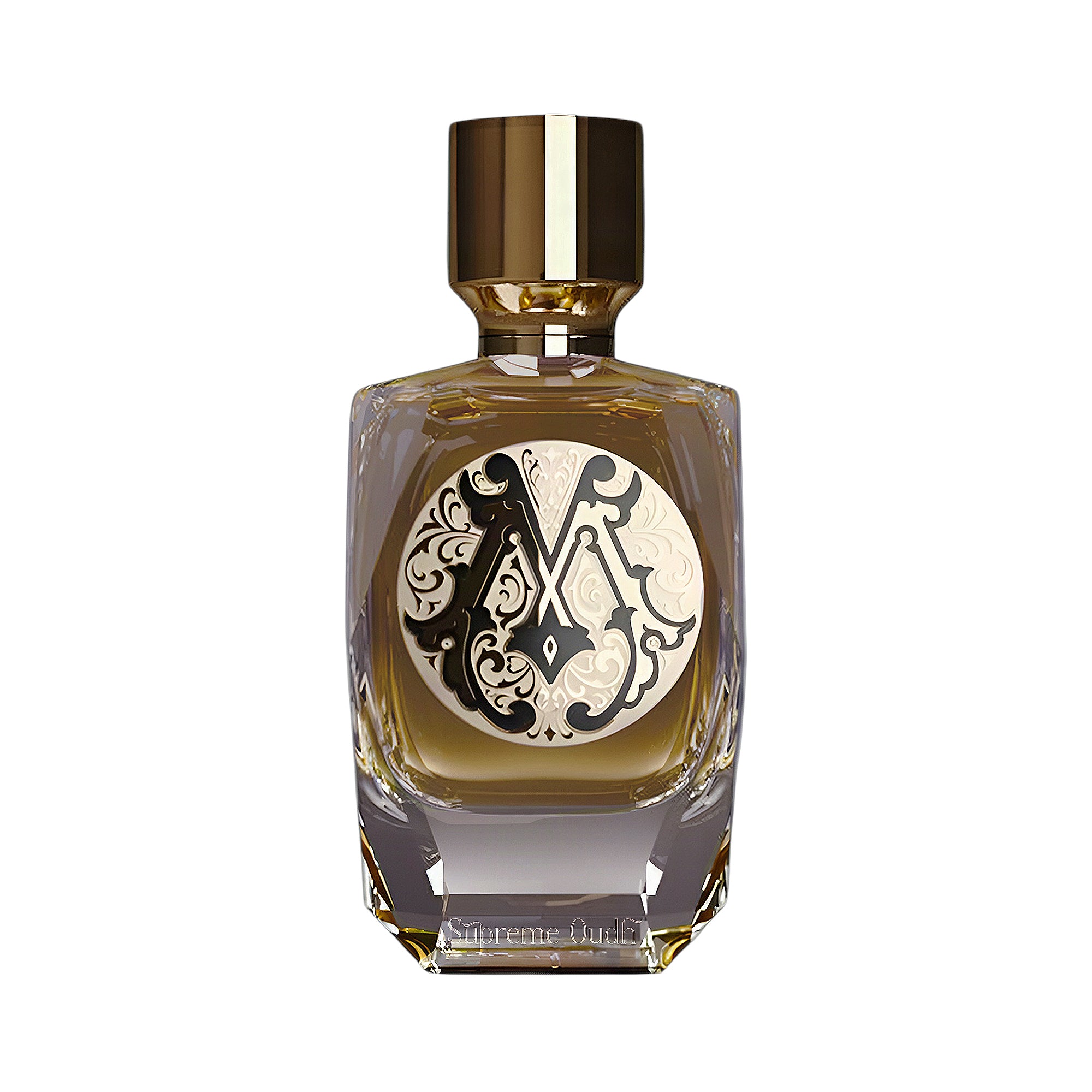 Gold-toned PARFUM DE MAHZEN Supreme Oudh Extrait De Parfum bottle with clear faceted glass and an ornate black and cream 'M'