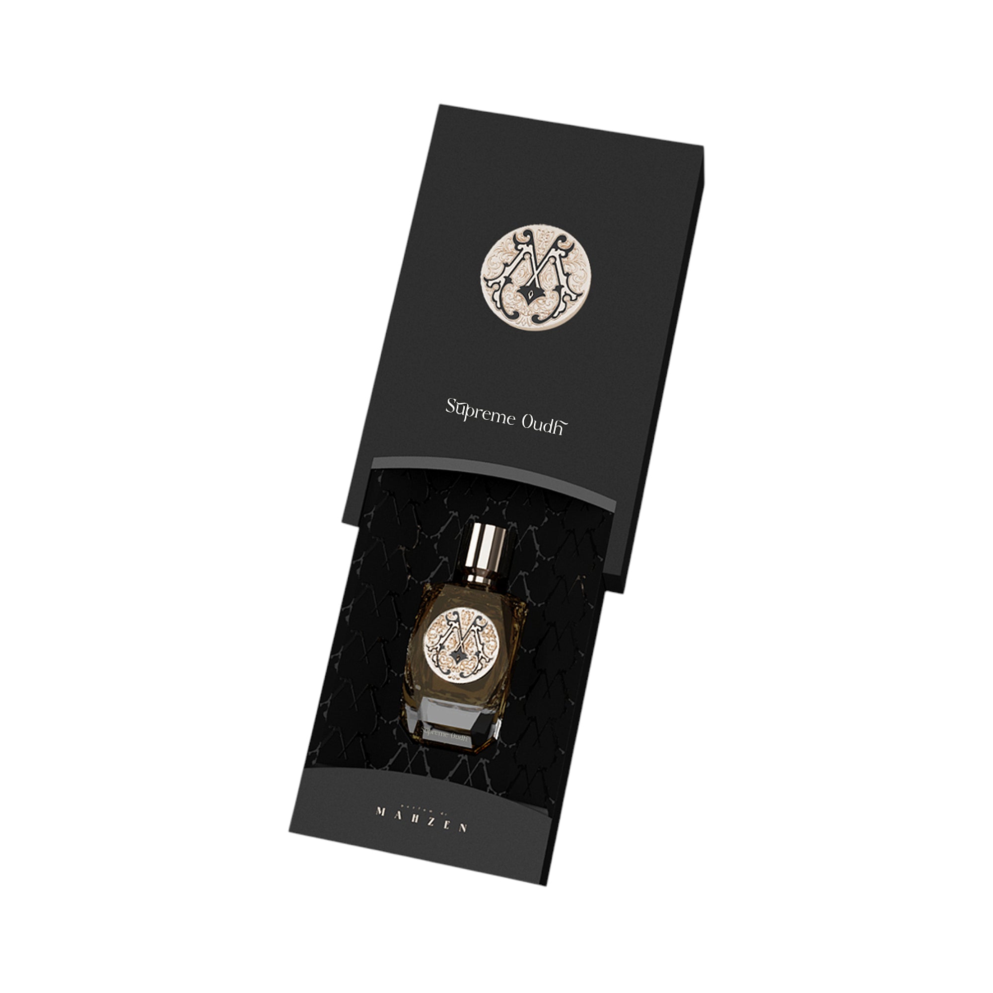 Open black box with 'Supreme Oudh' text and 'M' emblem, revealing a faceted glass perfume bottle with dark liquid and gold-to