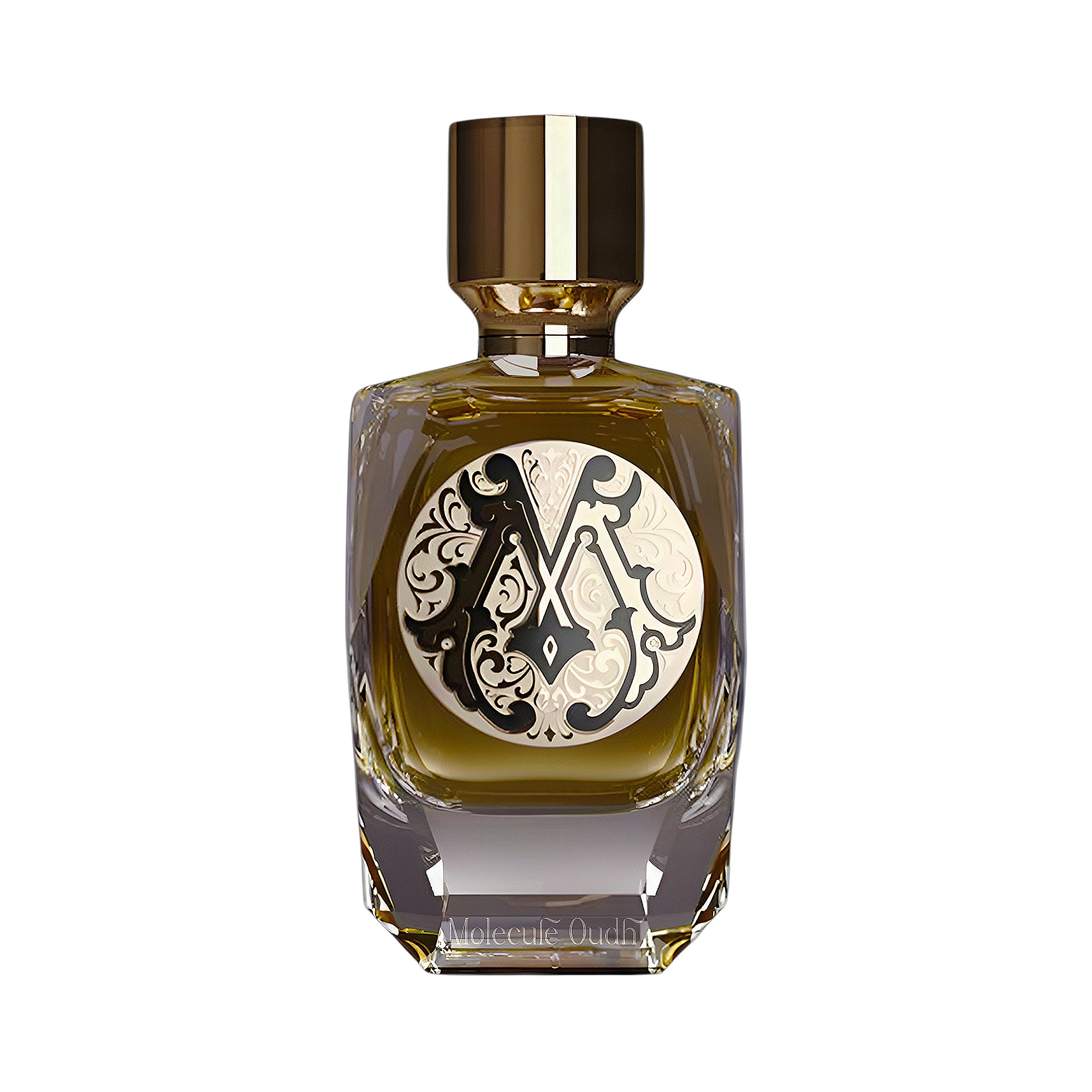 Clear glass perfume bottle with yellowish-green liquid, ornate black and cream 'M' logo, and a shiny gold-toned cap.