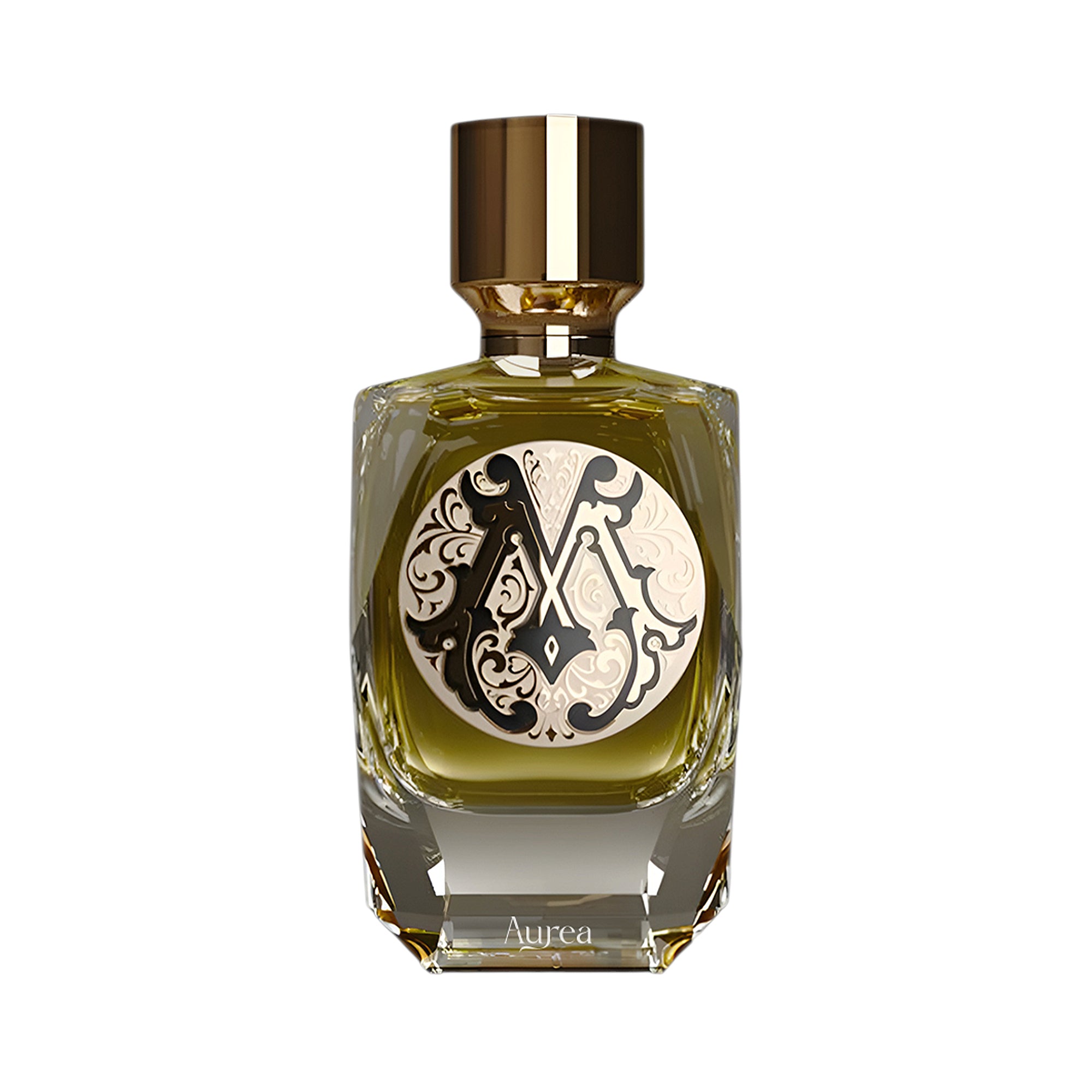 Parfum De Mahzen Aurea Extrait De Parfum in a clear glass bottle with olive green liquid, ornate black and gold label, and a