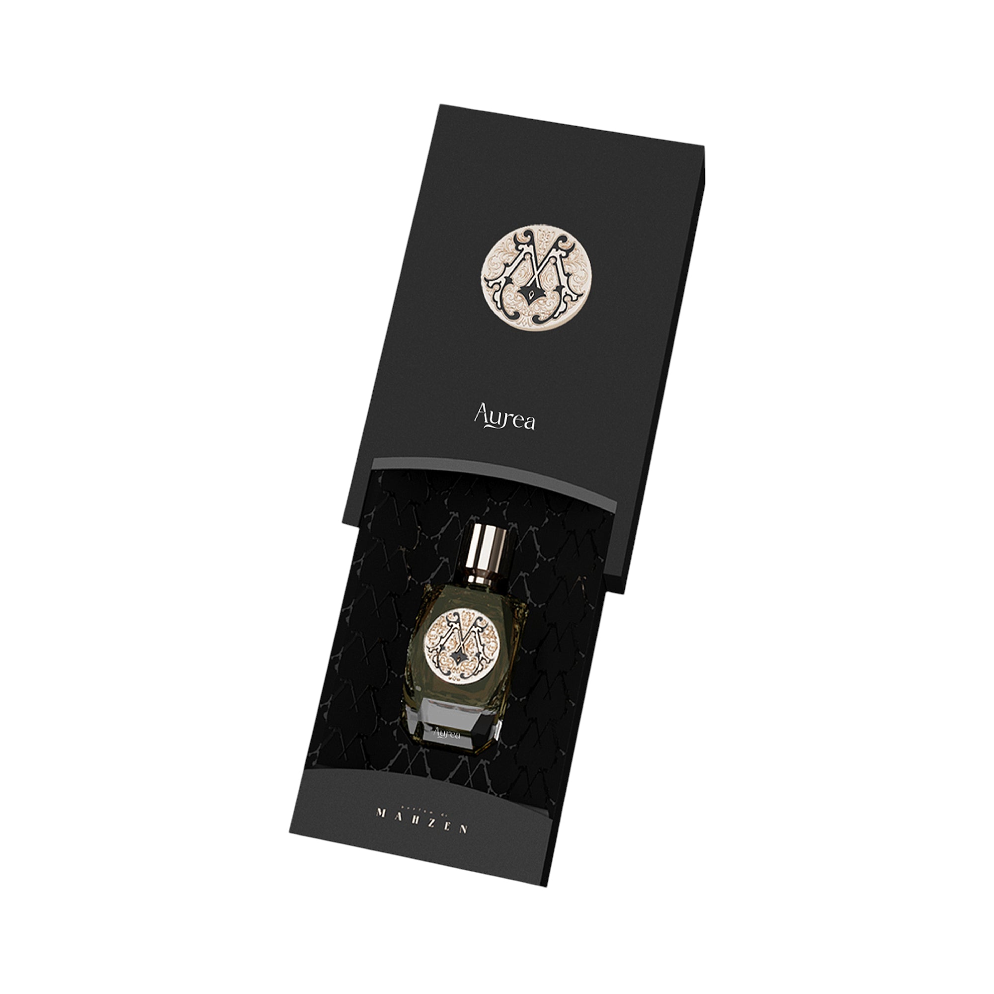 Dark green perfume bottle with gold-toned cap and ornate label, inside an open black box with "Aurea" text and an "M" emblem.