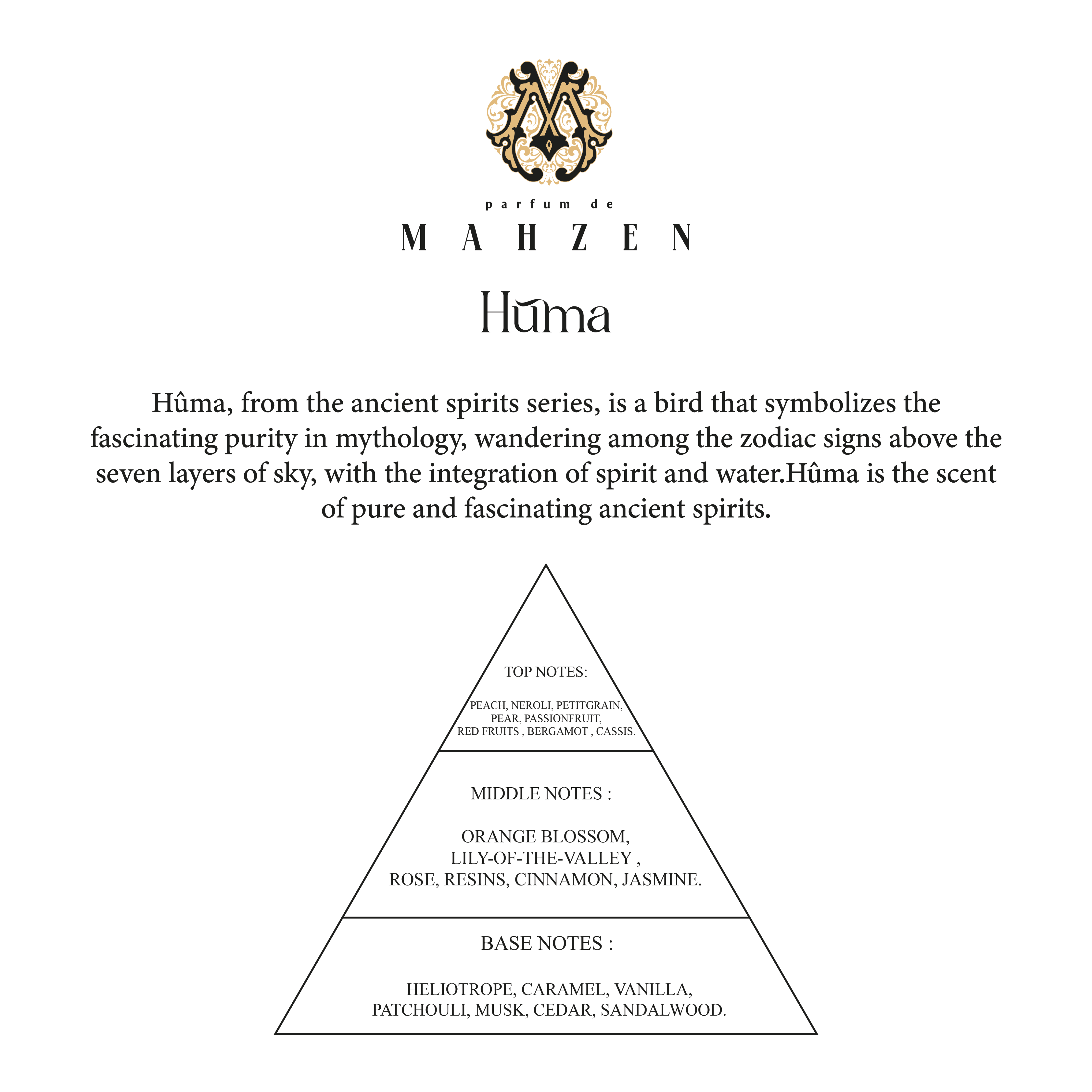 Parfum De Mahzen Huma Extrait De Parfum scent notes: Fruity top, floral and spicy middle, warm woody gourmand base.
