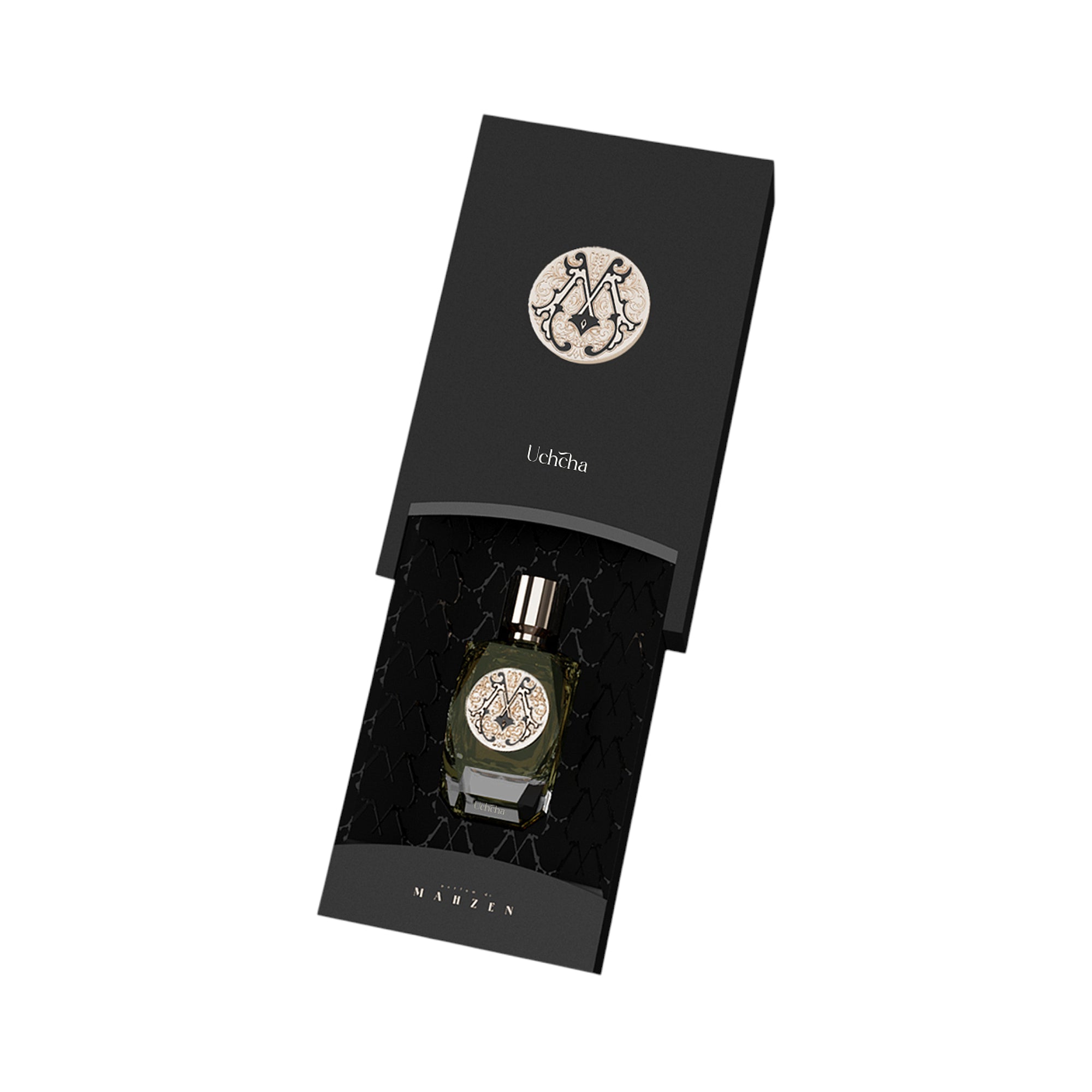 Dark green perfume bottle with gold-toned cap and ornate 'M' label, nestled in a black textured box with matching emblem.
