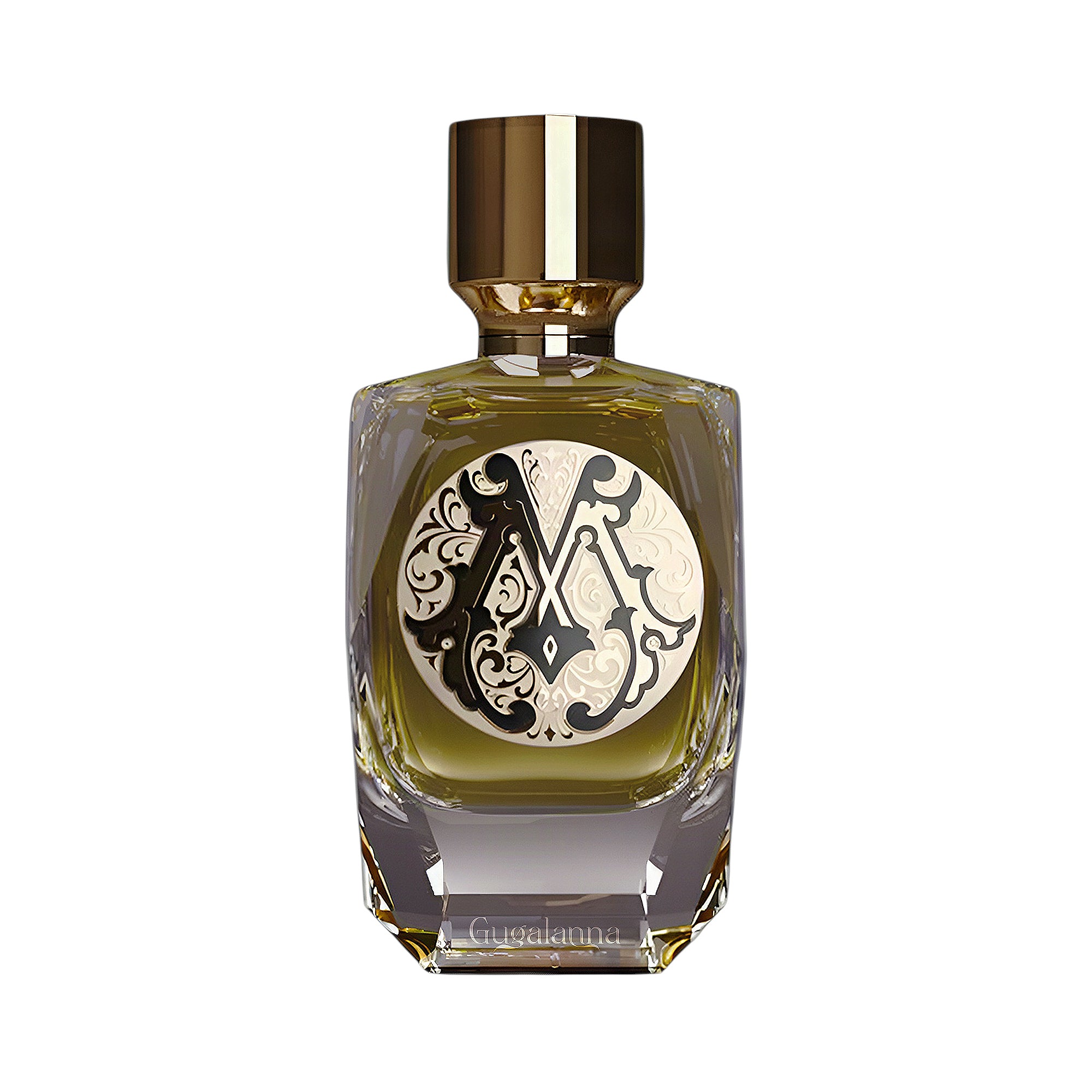 Parfum De Mahzen Gugalanna Extrait De Parfum 100ml bottle with olive green liquid, gold-toned cap, and ornate black and cream