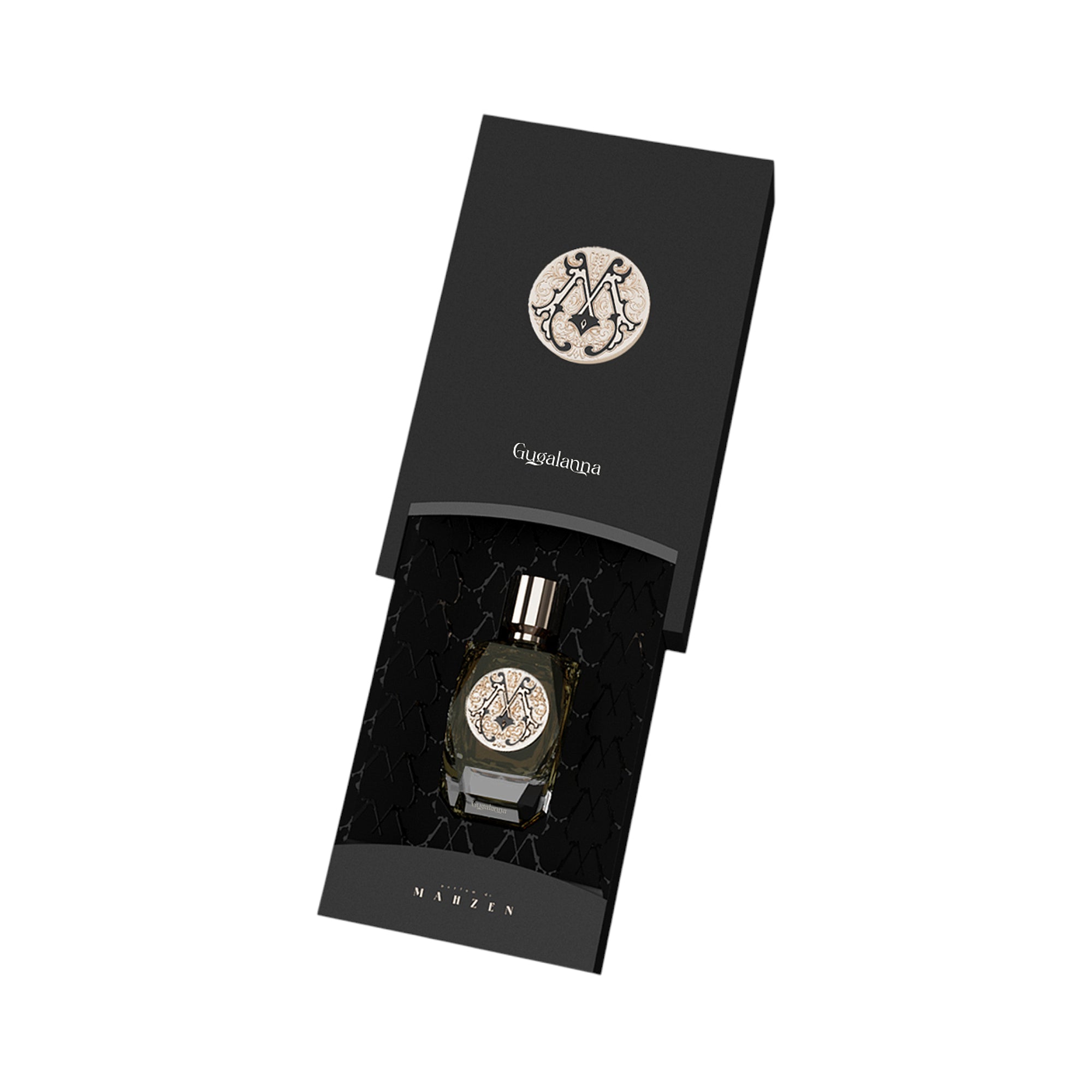Dark glass perfume bottle with gold-toned cap and ornate 'M' label, presented in an open black box with matching 'M' emblem a