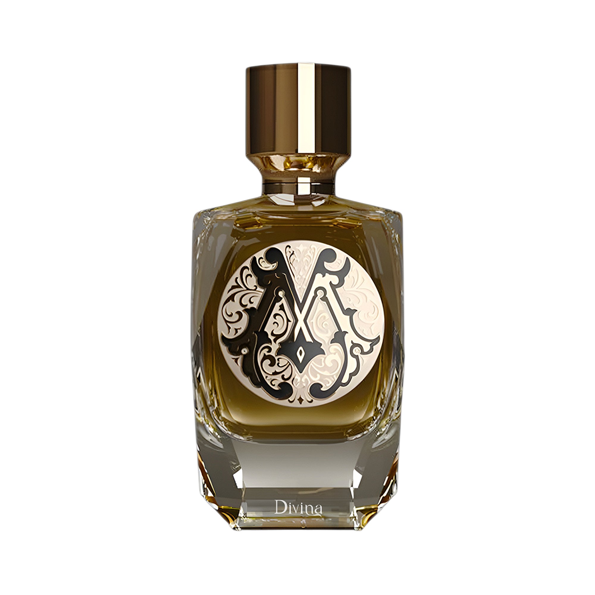 Clear glass perfume bottle with amber liquid, gold-toned cap, ornate black and white 'MA' monogram label. 'Divina' embossed o