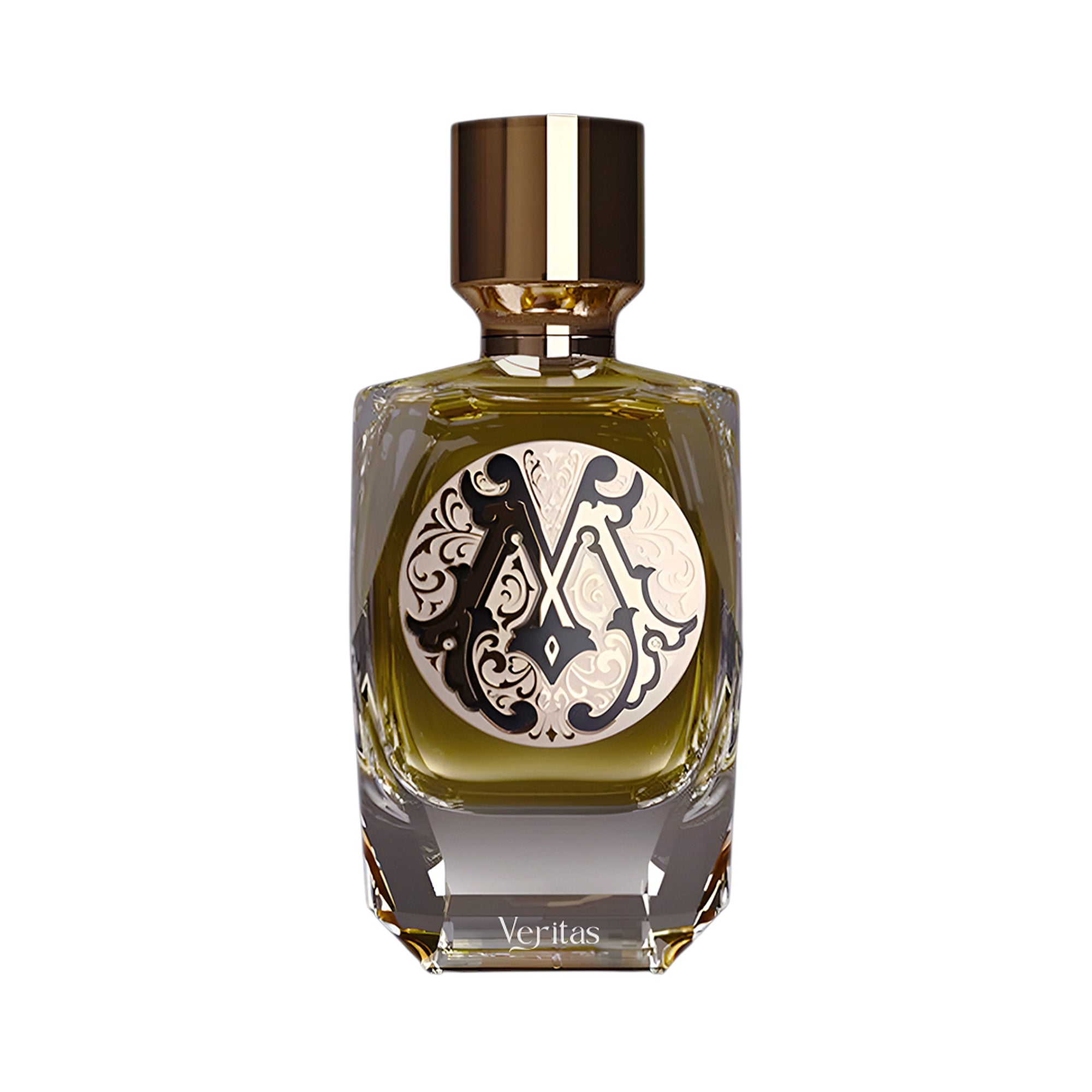 Rectangular glass perfume bottle with faceted base, containing olive-green liquid, a black and cream ornate label, and a gold
