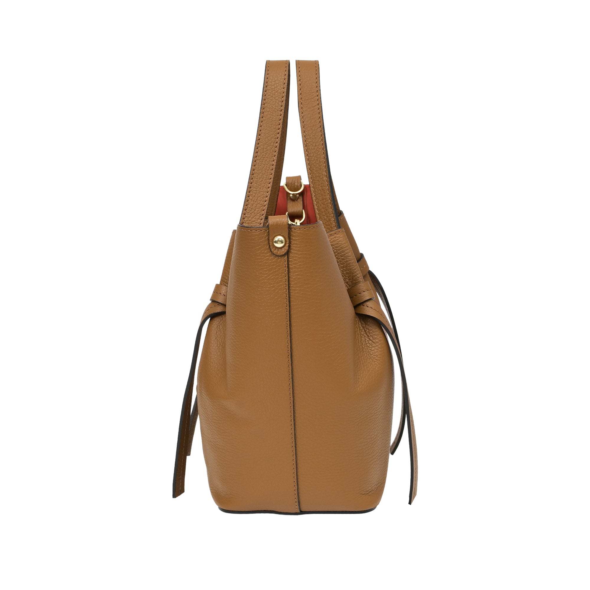 Warm brown pebbled leather tote bag with two top handles, cinched sides with knotted straps, and gold-toned hardware. Reddish