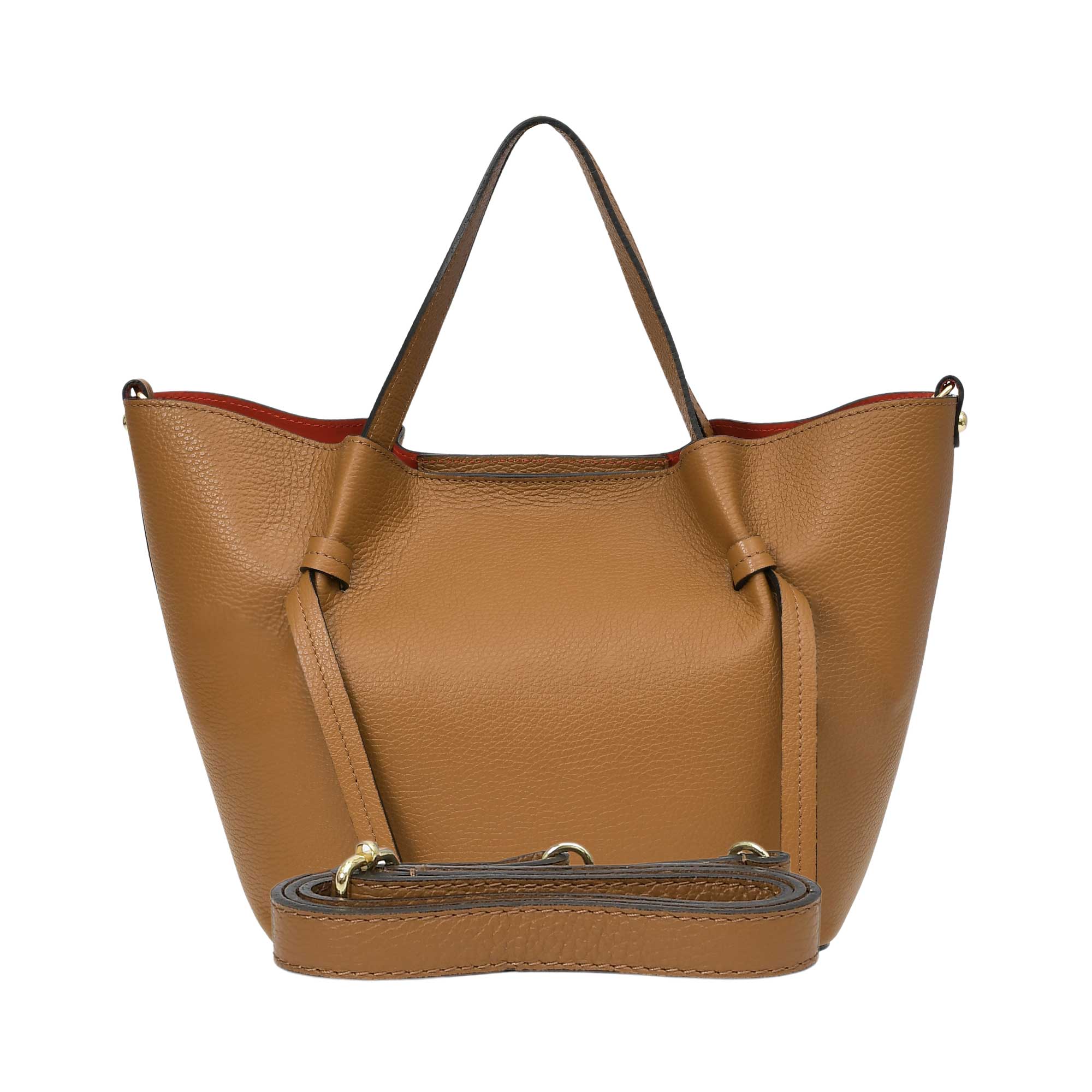 Warm brown pebbled leather tote bag with a cinched top, red lining, single top handle, and a detachable shoulder strap with g
