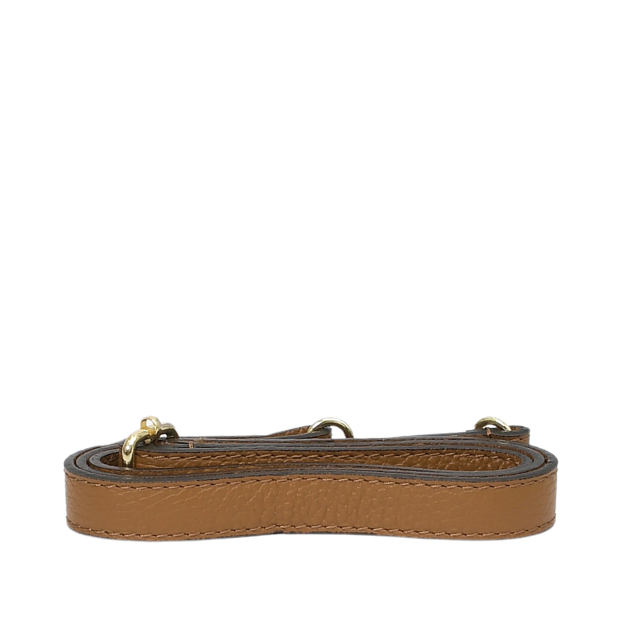 Warm brown pebbled leather bag strap with visible stitching and gold-toned swivel snap hook and D-rings.