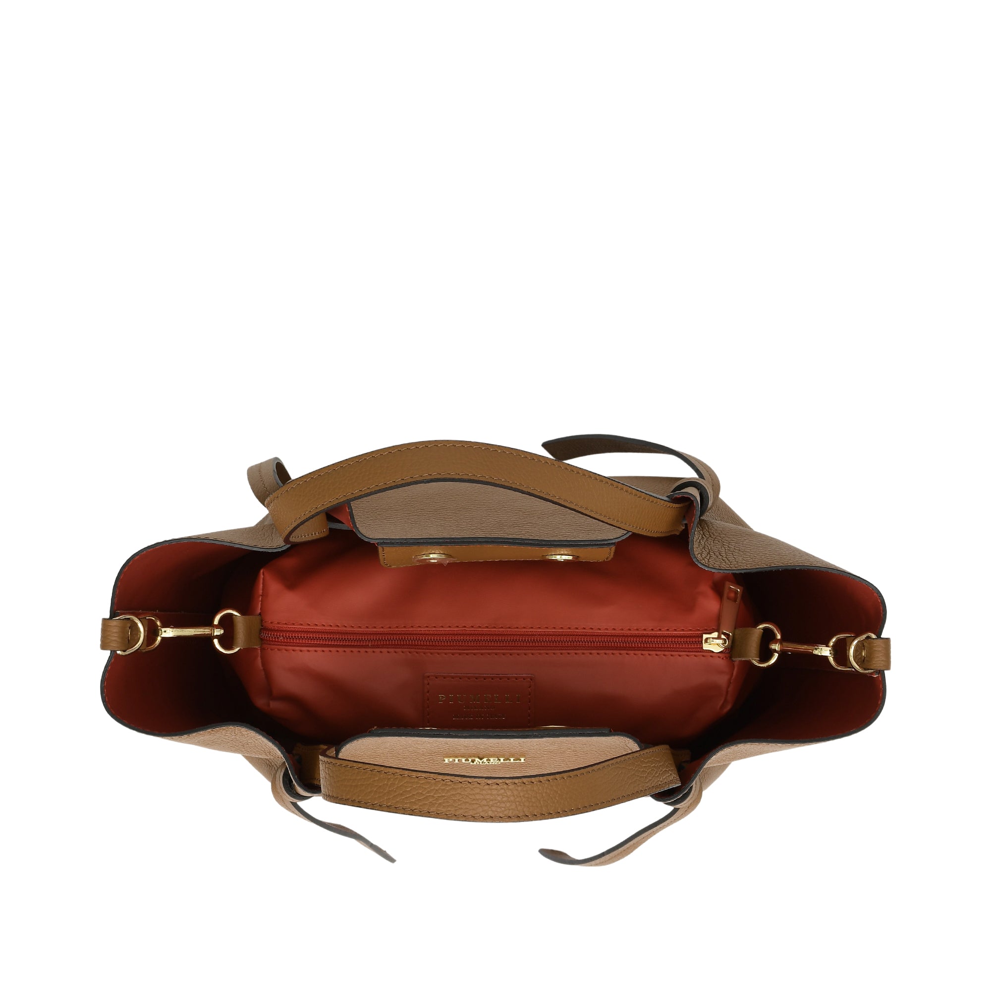 Warm brown pebbled leather tote bag, open, with orange lining. Features two top handles, a shoulder strap, and gold-toned har