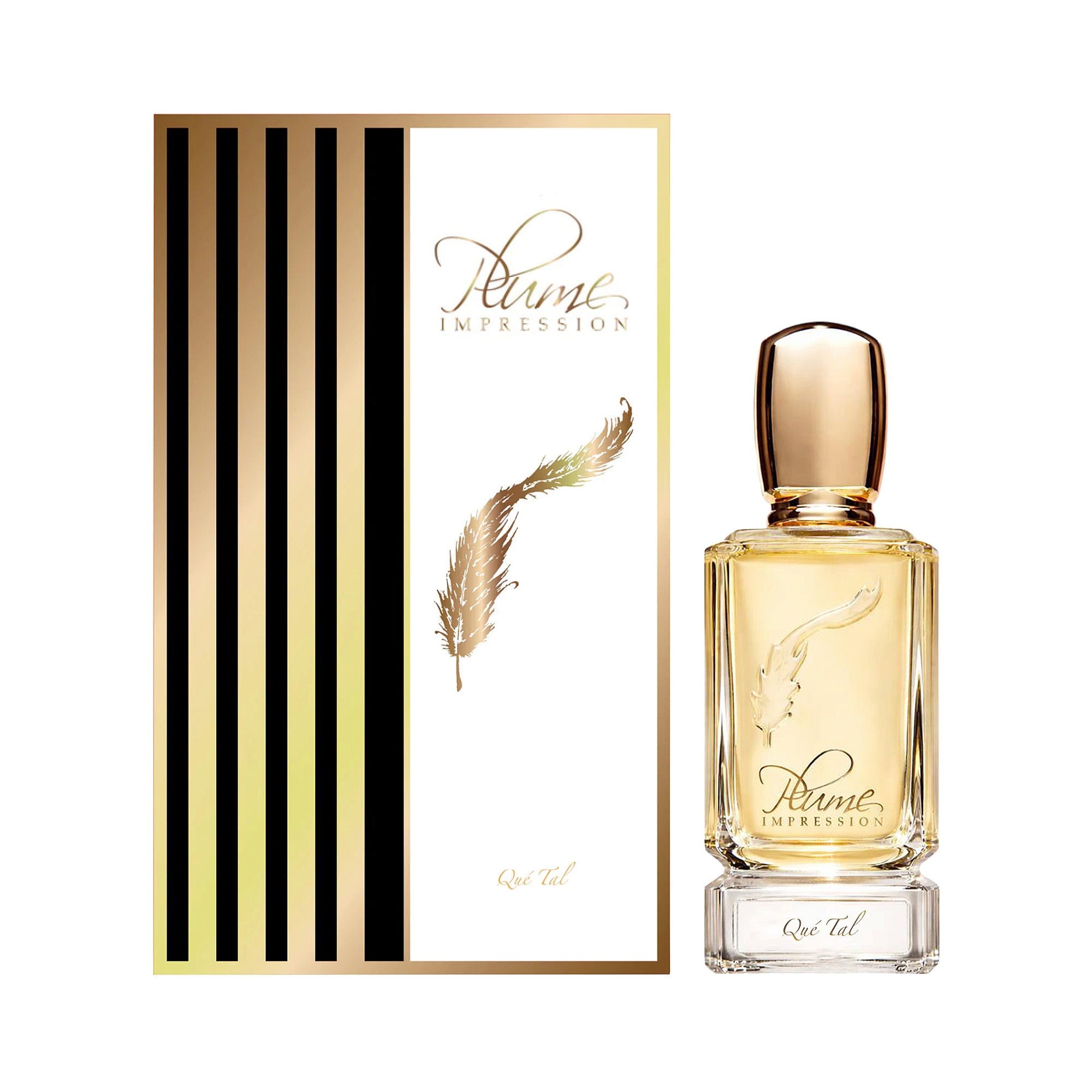 Clear glass perfume bottle with gold-toned cap, amber liquid, feather design. Matching box with black/gold-toned stripes and