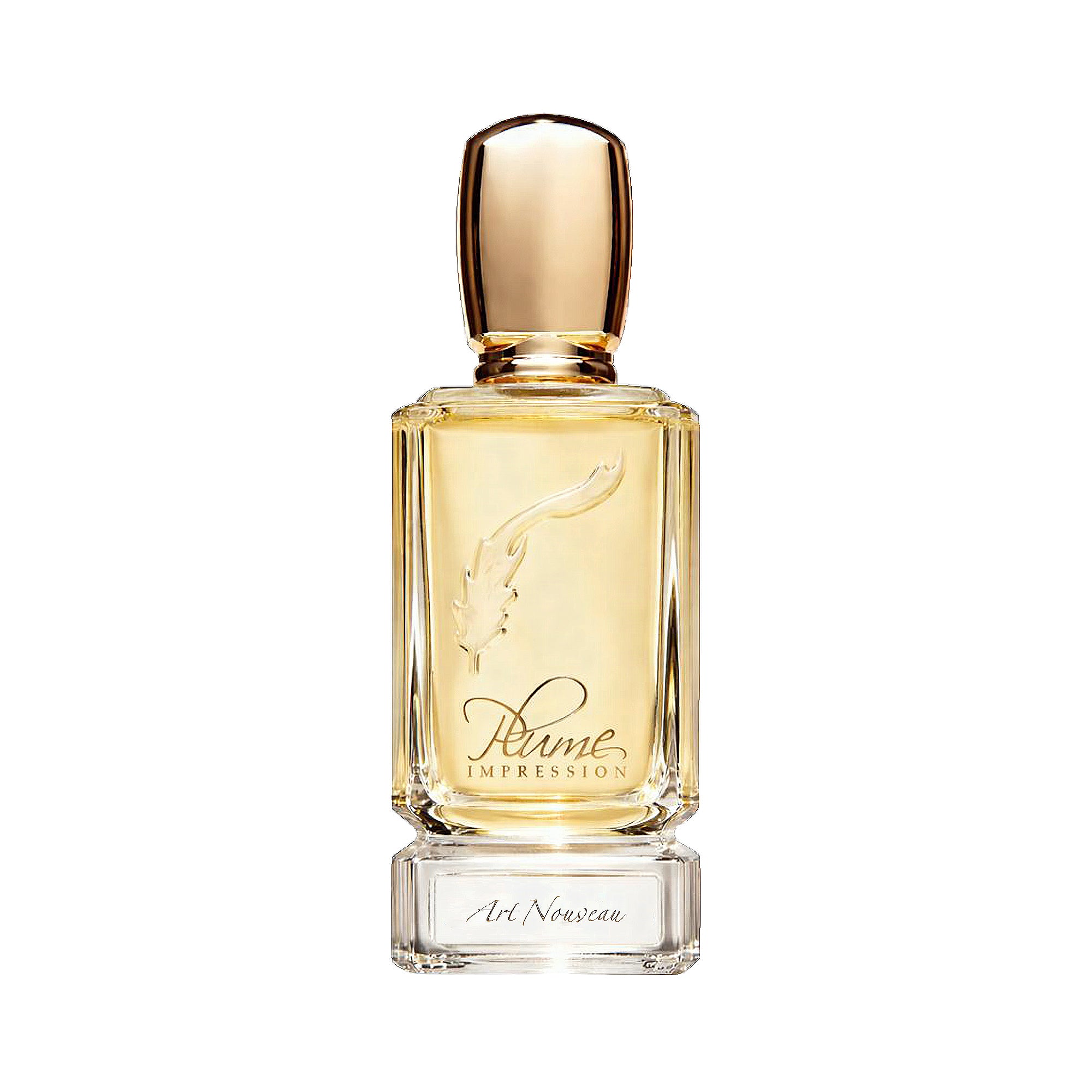 Rectangular clear glass perfume bottle with light amber liquid, an embossed feather, and a shiny gold-toned cap.
