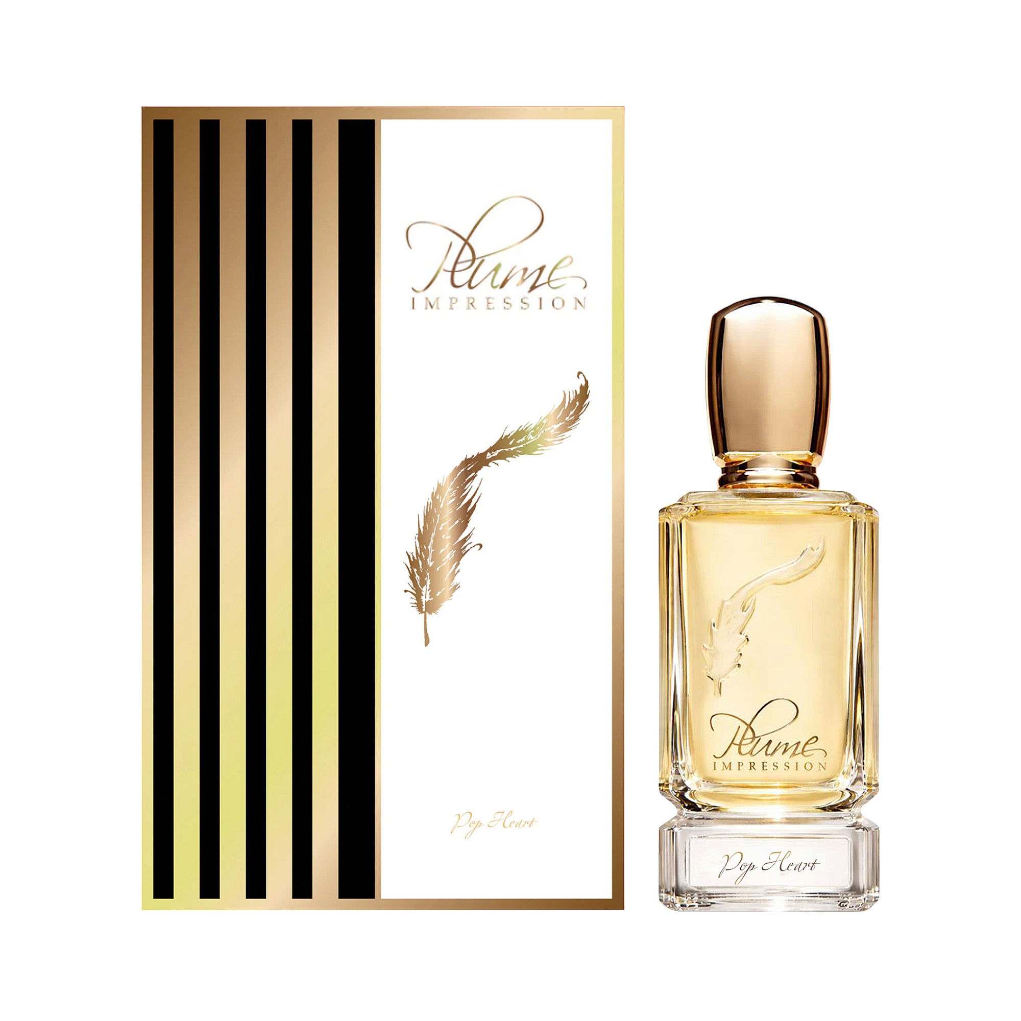 Clear rectangular perfume bottle with gold-toned cap, light yellow liquid, feather design, and a box with black/gold stripes