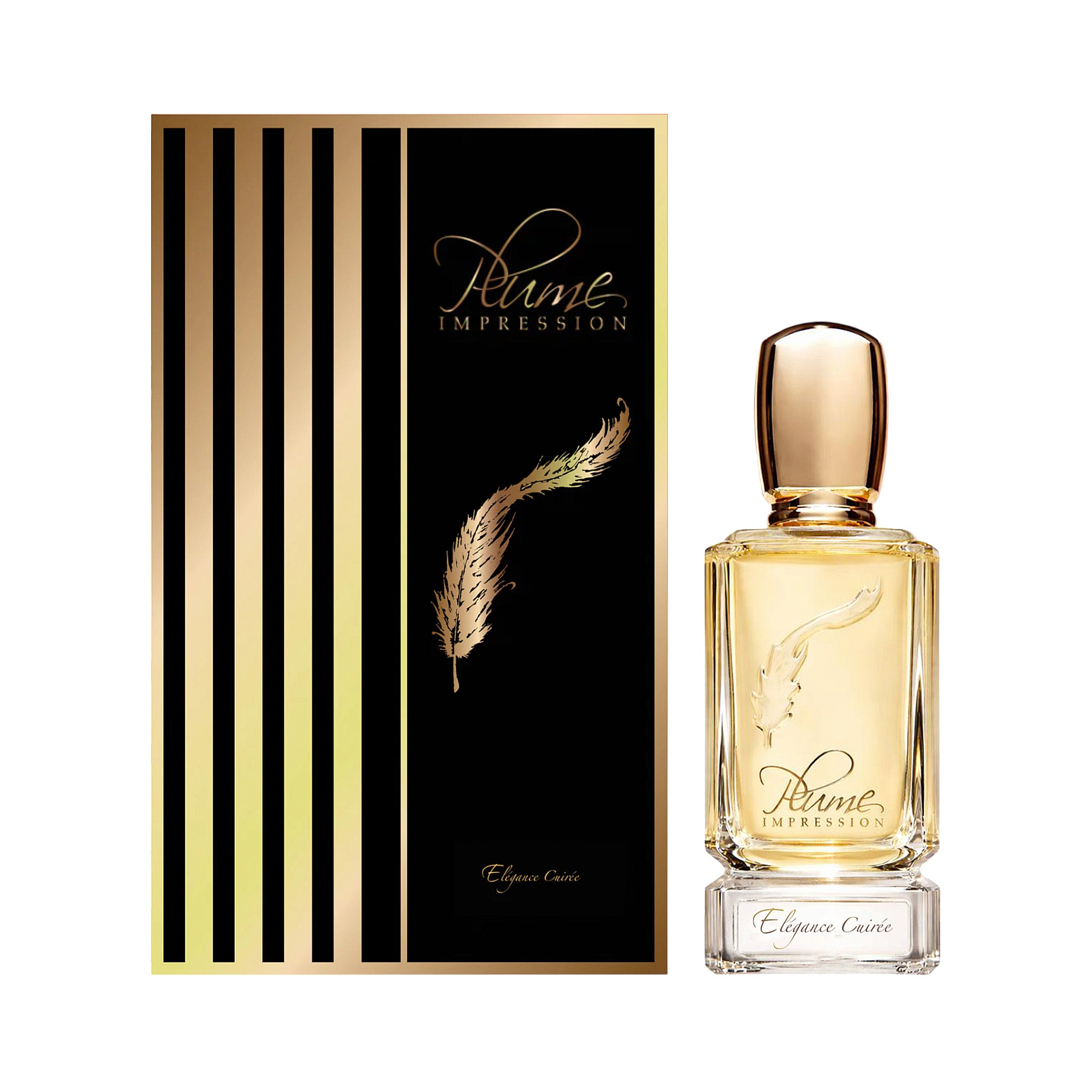 Rectangular glass perfume bottle with gold-toned cap, amber liquid, and feather design. Matching black box with gold-toned st