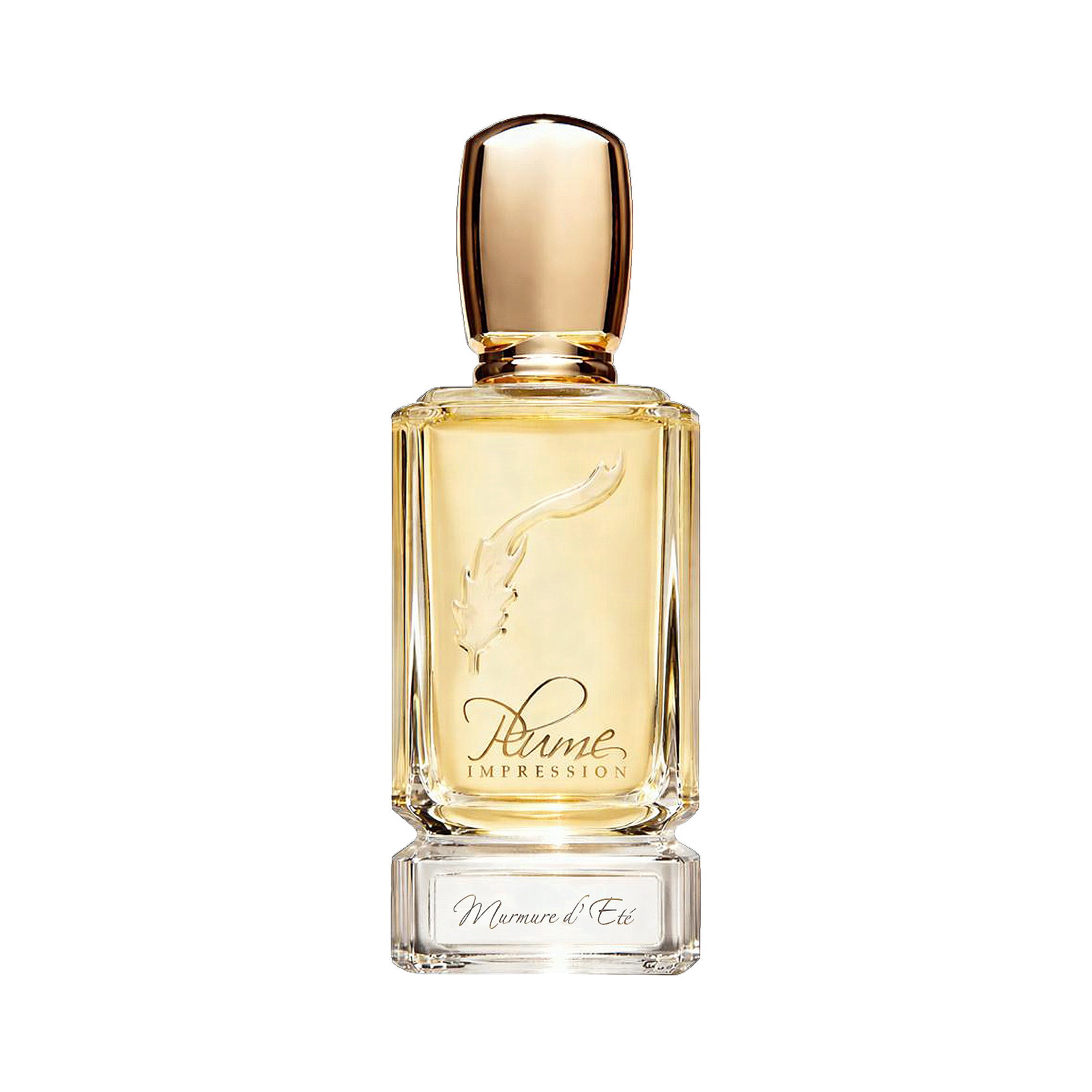Plume Impression 80ml perfume bottle with clear glass, light amber liquid, gold-toned cap, and embossed feather design.