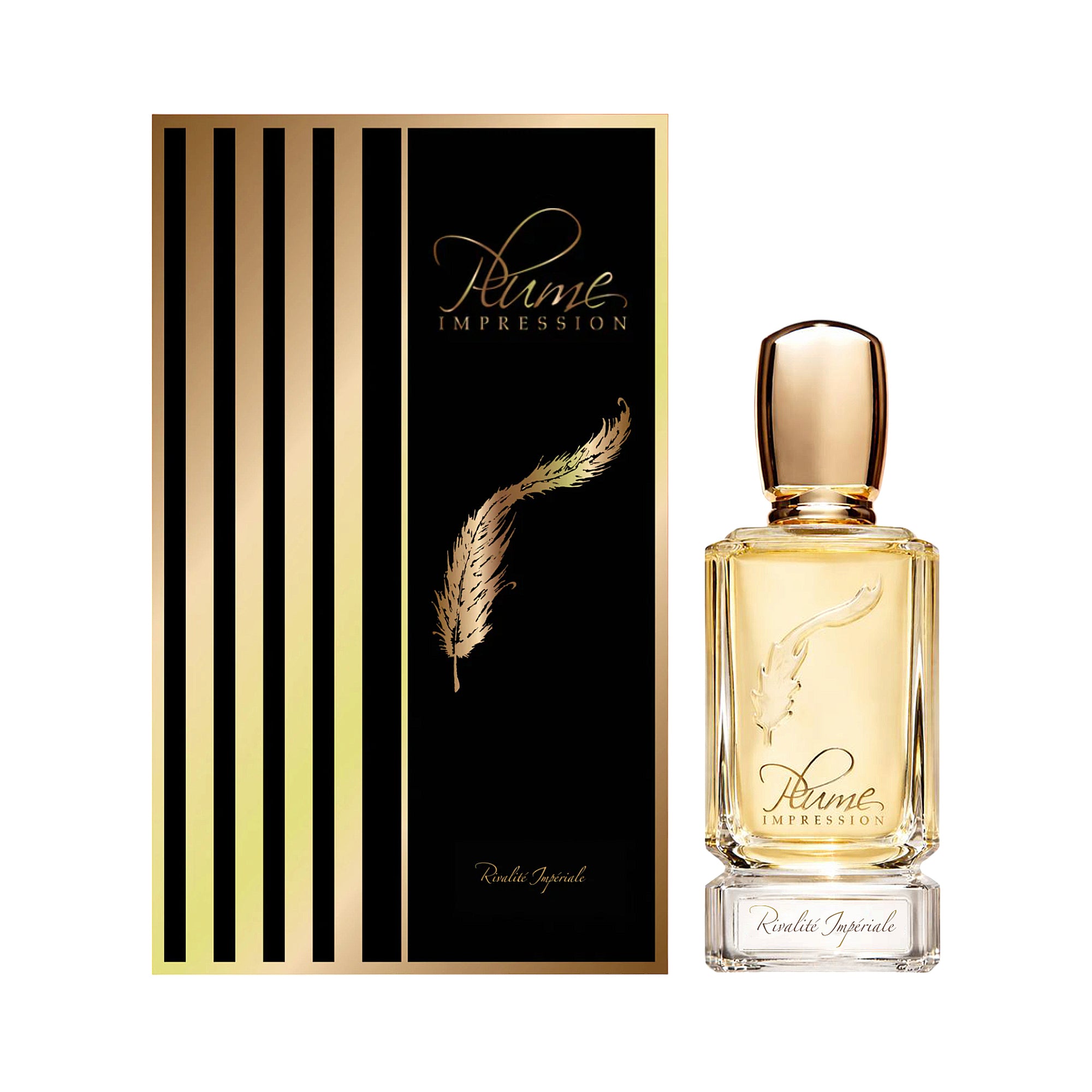 Plume Impression Rivalité Impériale 80ml EDP in a clear glass bottle with light amber liquid and gold-toned cap, next to a bl