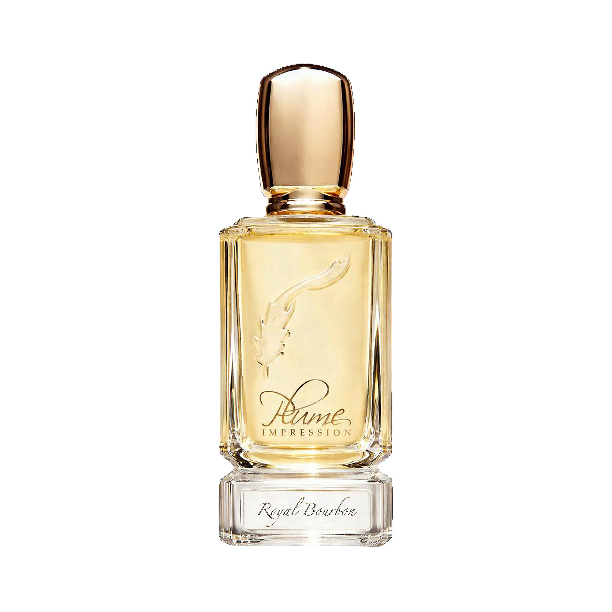 Clear rectangular glass perfume bottle with light amber liquid, gold-toned cap, and embossed feather design.