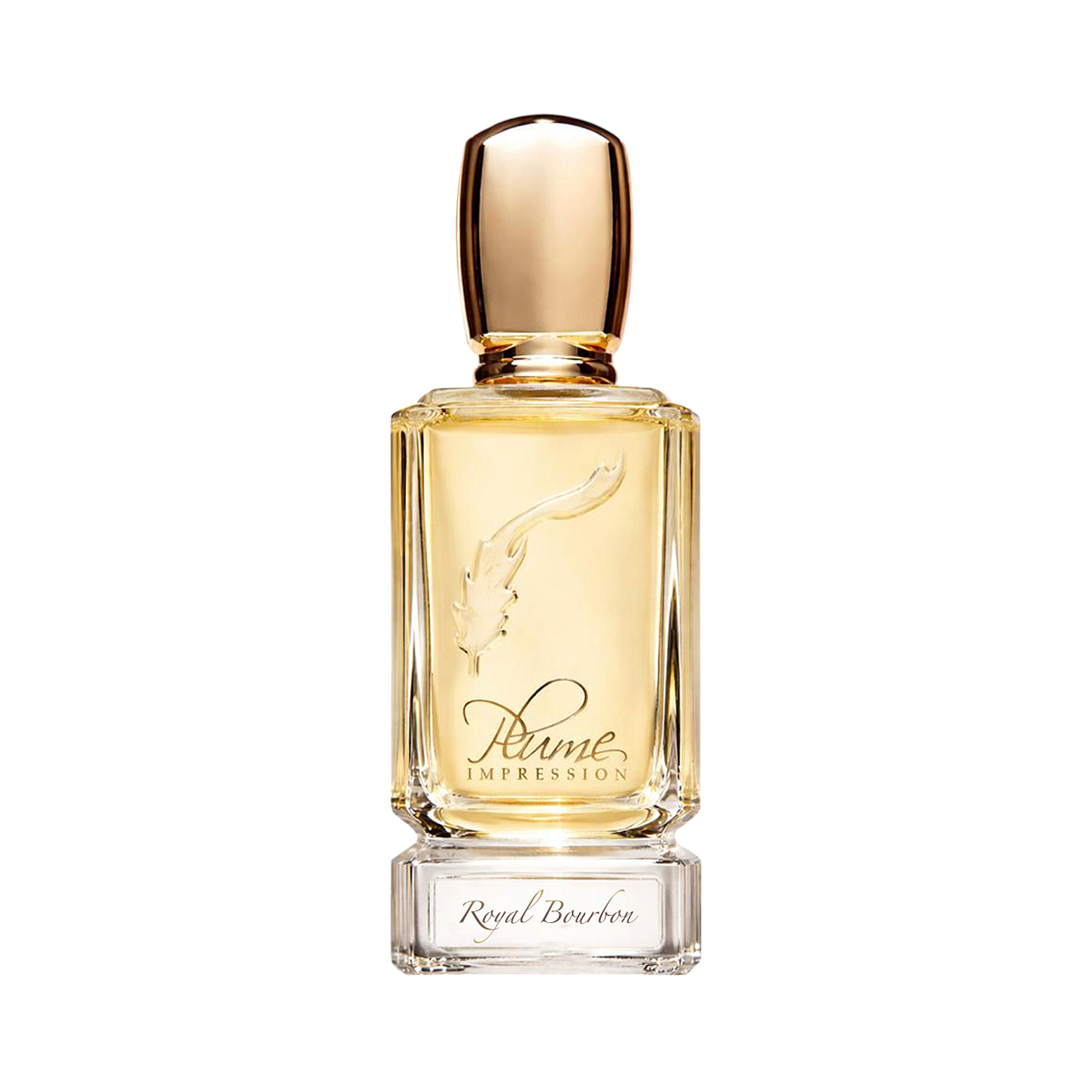 Rectangular glass perfume bottle with light yellow liquid, an embossed feather, 'Plume IMPRESSION', and 'Royal Bourbon' text,