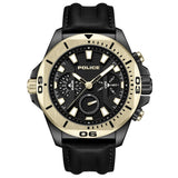 Police Electrical Gents Black Dial Black Gold Plated Case Black Leather Strap Watch